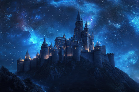 A grand castle stands atop a hill, glowing softly against a deep blue starry sky filled with stars and galaxies.の写真素材