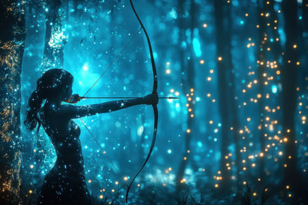 A skilled archer stands poised, aiming in a magical forest filled with luminous orbs and ethereal light.の写真素材
