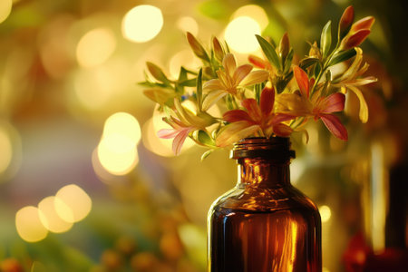A decorative amber bottle holds vibrant flowers, illuminated by warm, soft lights in the background.の写真素材