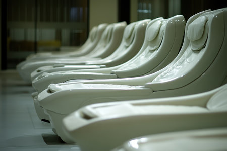 Comfortable white relaxation chairs are lined up neatly in a tranquil spa, inviting relaxation and calm.の写真素材