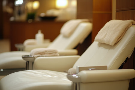Two comfortable white relaxation chairs await guests in a serene luxury spa environment designed for tranquility.の写真素材