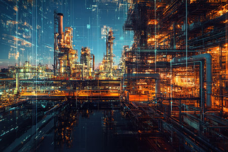 Captivating view of a large industrial complex illuminated at night, highlighting complex structures and operations.の写真素材