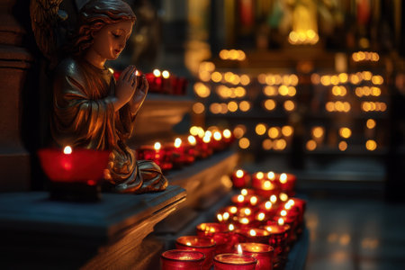 A beautifully carved angel statue kneels in prayer amidst glowing red candles, creating a tranquil atmosphere.の写真素材