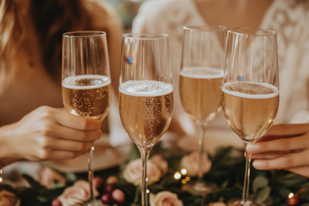 Friends toast with champagne glasses, enjoying a festive atmosphere surrounded by flowers and greenery.の写真素材