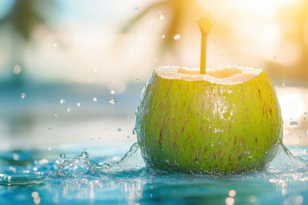 A freshly opened coconut sits in crystal clear water, droplets splashing around as sunlight glimmers.の写真素材