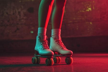 Roller skates with colorful wheels stand out under neon lights in an urban venue during the evening.の写真素材