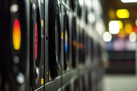 Vinyl records are neatly arranged on shelves in a store, creating a nostalgic ambiance in the warm evening light.の写真素材
