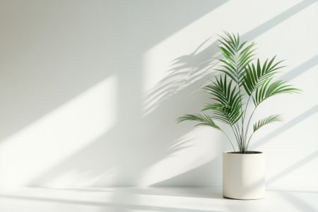 A decorative plant in a white pot stands against a bright wall, with sunlight creating dramatic shadows.の写真素材
