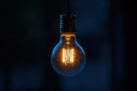 A glowing light bulb illuminates a dark space, showing its vintage design and warm glow.の写真素材
