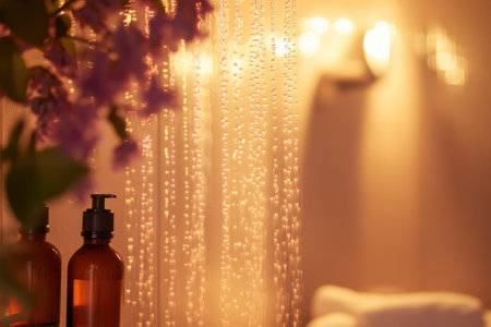 Soft light creates a soothing environment with aromatic oils and decorative elements for a tranquil spa experience.の写真素材