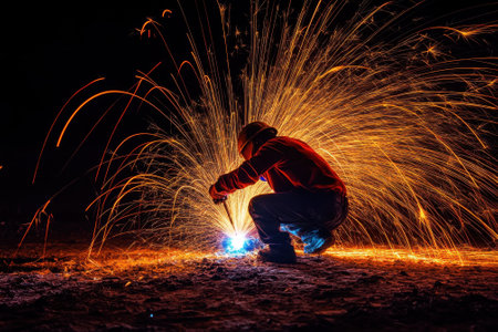 A person creates an explosion of sparks while welding under a dark sky, illuminating the surroundings vividly.の写真素材