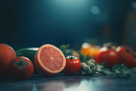 Vibrantly colored fruits and vegetables are beautifully arranged against a dark background, highlighting freshness.の写真素材