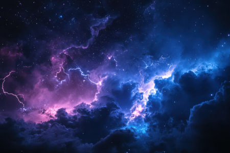 Bright colors illuminate the night sky as cosmic clouds and lightning create an otherworldly atmosphere.の写真素材