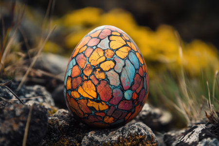 A vibrant egg decorated with intricate patterns sits atop stones, highlighting nature's beauty during spring.の写真素材
