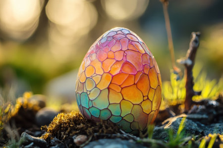 A colorful, patterned egg sits gracefully on mossy ground, illuminated by soft sunset glow.の写真素材