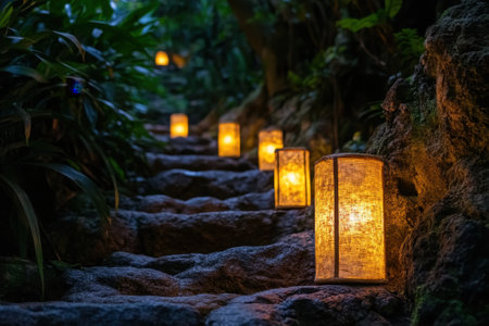 Lanterns line a peaceful stone pathway, casting warm light among greenery as dusk settles in.の写真素材