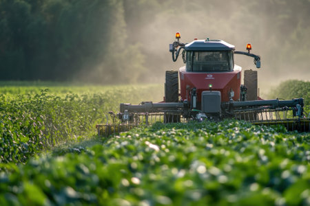 A bright red tractor moves through a green field, applying fertilizer to crops in the morning light.の写真素材