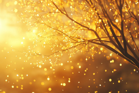 Sunlight shines brightly through branches, creating a magical atmosphere filled with glimmering droplets.の写真素材