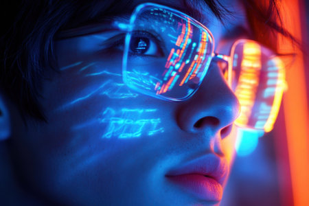 Close-up view of a young individual with glasses gazing at vibrant digital projections in a dark setting.の写真素材