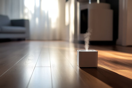 A white essential oil diffuser releases fragrant steam in a quiet, sunlit living room with wooden floors.の写真素材