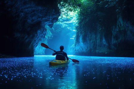 A kayak glides through a magical cave illuminated by striking bioluminescence, surrounded by lush greenery.の写真素材