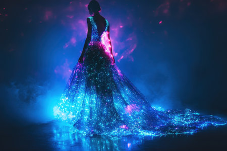 A model poses in a stunning evening gown that sparkles with colorful lights in a dark setting.の写真素材