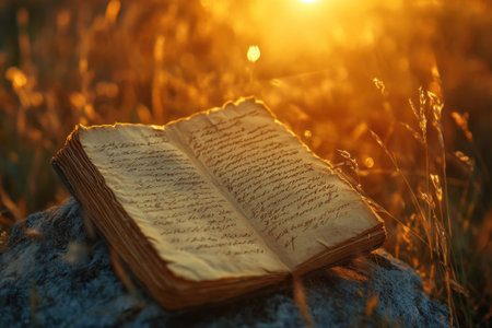 An antique book lies open on a stone, illuminated by the warm glow of the setting sun and surrounded by tall grass.の写真素材