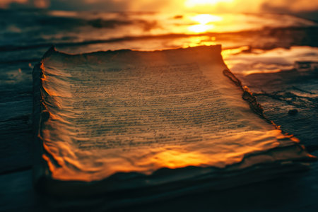 A weathered manuscript lies on a rustic wooden table, illuminated by warm sunset light.の写真素材