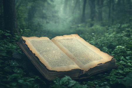 An old, open book lies on the forest floor, surrounded by dense greenery and mist, evoking a sense of mystery.の写真素材