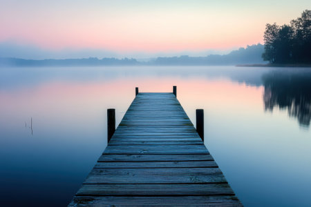 A wooden pier stretches into a serene lake at dawn, enveloped in soft mist and pastel hues while trees line the shore.の写真素材