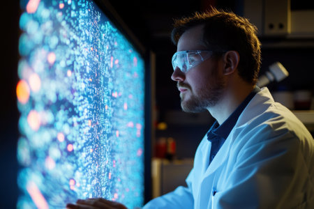 A person in a lab coat examines complex data visualizations on a large screen, focused and engaged.の写真素材