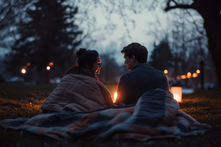 A couple sits together under a blanket, enjoying candlelight in a tranquil park at dusk.の写真素材