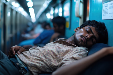 A passenger sleeps peacefully on a seat in a busy train, surrounded by other travelers during the evening rush hour.の写真素材