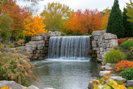 A cascading waterfall flows into a tranquil pond, framed by colorful autumn trees in a peaceful garden.の写真素材