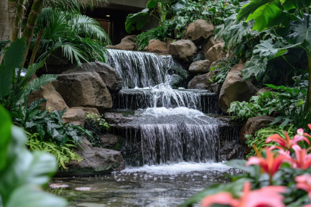 A tranquil waterfall flows steadily over smooth stones, framed by vibrant foliage and tropical flowers.の写真素材