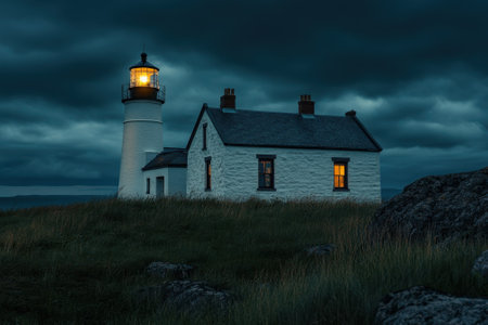 A lighthouse shines through dark clouds, illuminating the area and creating a serene atmosphere.の写真素材