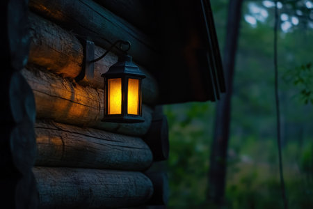 A lantern casts a warm, golden light on the rustic cabin's log exterior during twilight, surrounded by trees.の写真素材