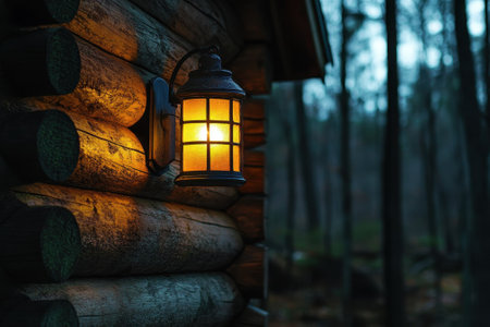 A lantern emits a warm light on the exterior of a log cabin surrounded by trees during twilight.の写真素材