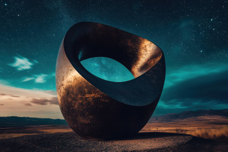 A large, modern sculpture stands in a desert under a star-filled sky, showcasing an artistic design and tranquility.の写真素材