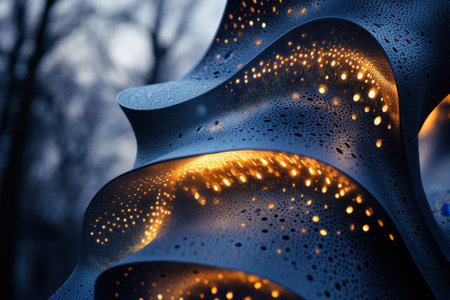 An intricate sculpture glows softly at dusk, showcasing artistic craftsmanship with warm lights.の写真素材