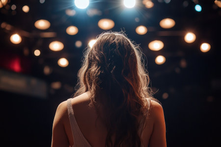 A performer stands with their back to the audience, illuminated by bright stage lights, preparing to engage.の写真素材