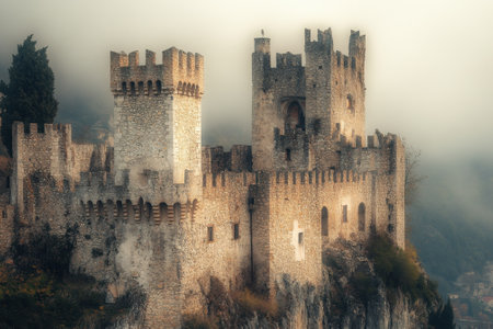 A medieval castle stands shrouded in fog, its towers reaching into the morning sky, evoking history and mystery.の写真素材