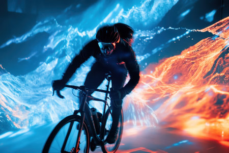 A cyclist speeds through a vivid landscape of swirling blue and orange lights, showcasing energy and motion.の写真素材