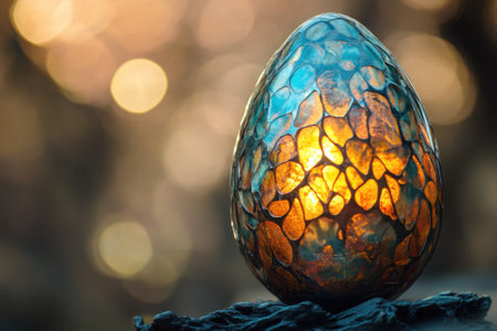 A beautifully designed egg stands illuminated, casting warm colors in a serene outdoor environment.の写真素材