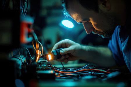 A technician inspects and repairs wiring in electronic equipment using a flashlight in a workshop.の写真素材