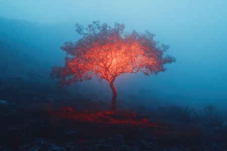 A vibrant tree radiates an orange glow against a misty backdrop, creating an ethereal atmosphere in the evening.の写真素材