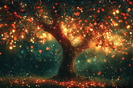 A captivating tree adorned with colorful glowing lights transforms the nighttime landscape into a delightful wonderland.の写真素材