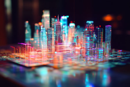 A futuristic city skyline showcases bright, colorful lights illuminating buildings at night.の写真素材