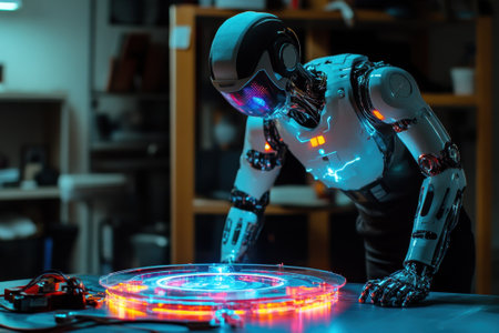 A humanoid robot examines a luminous, circular display in a modern tech workshop during evening hours.の写真素材