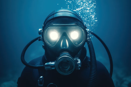 A diver is exploring the ocean depths wearing a glowing mask, surrounded by a serene blue environment.の写真素材